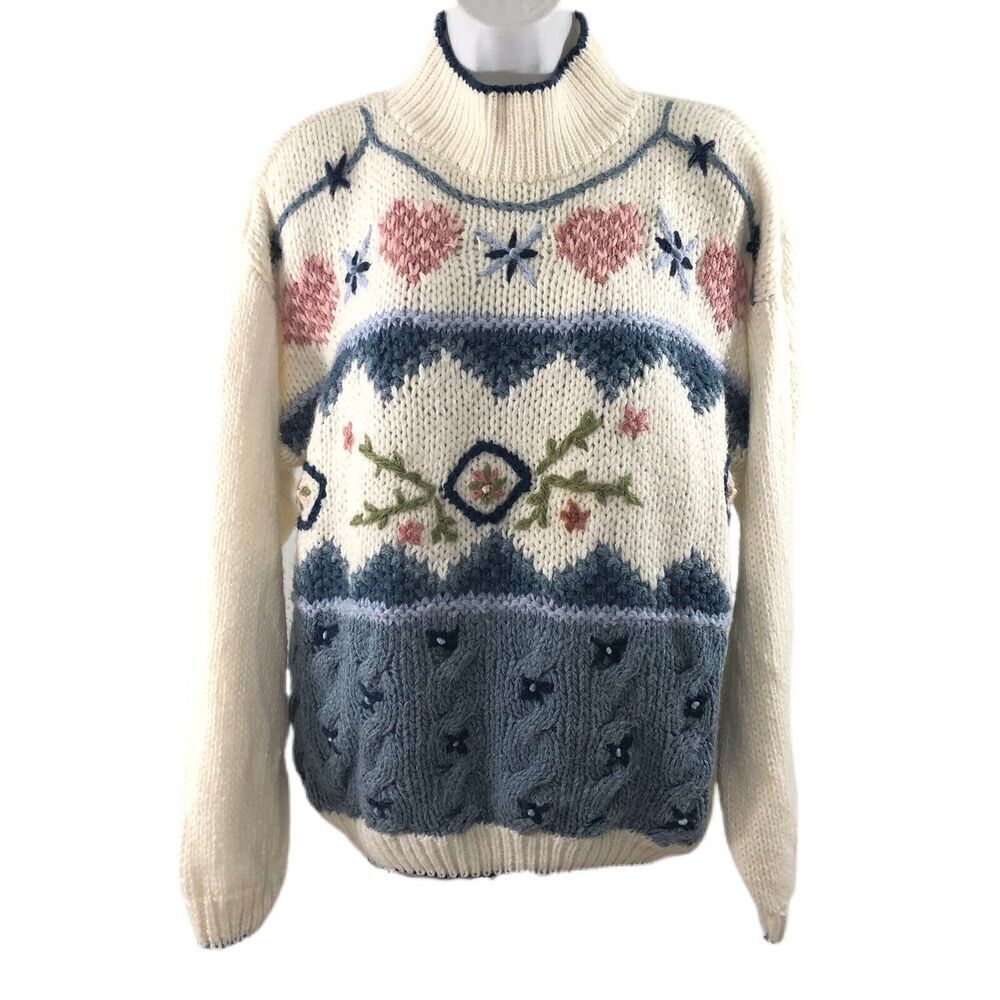 VINTAGE Sweater Women L Chunky Knit Pullover High Neck Embroidered Fair Isle